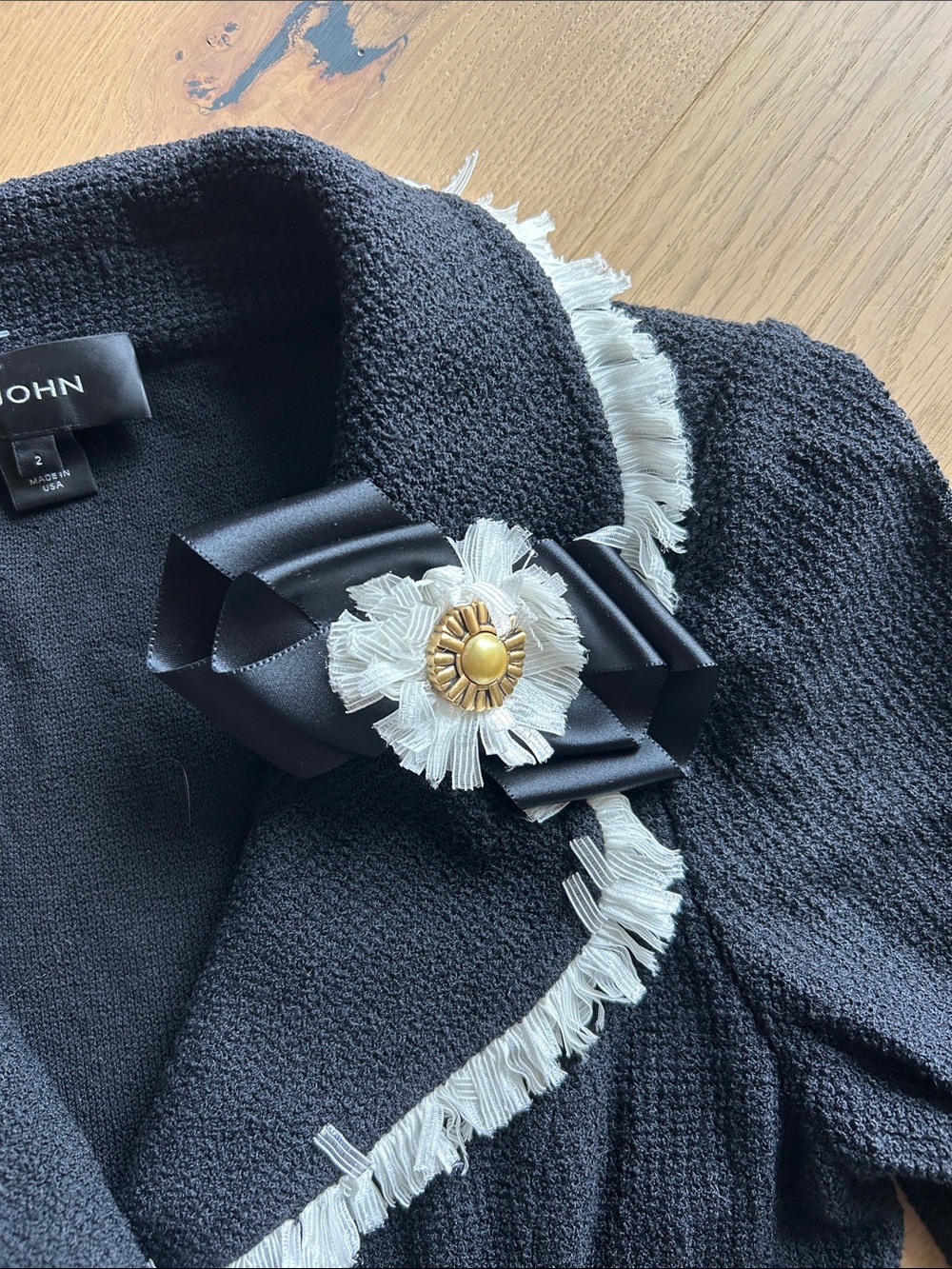 St. John Black Knit Blazer with White Fringe and Gold Buttons - Picture 3 of 8